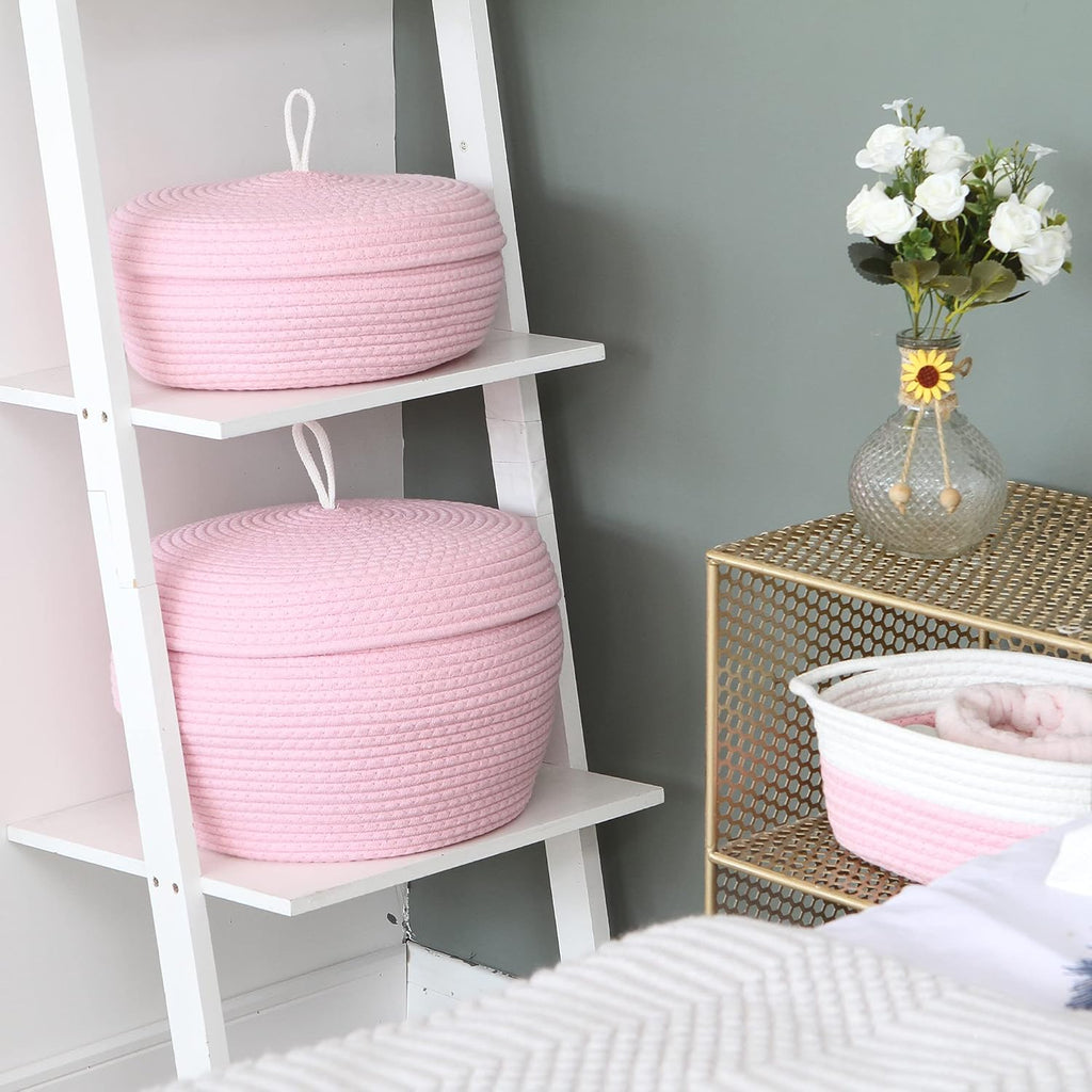 Sea Team Round Cotton Rope Storage Basket with Lid, Decorative Woven Storage Bin, Pot, Caddy, Organizer, Container for Snacks, Towels, Plants, 13 x 9 Inches (Large, Pink)
