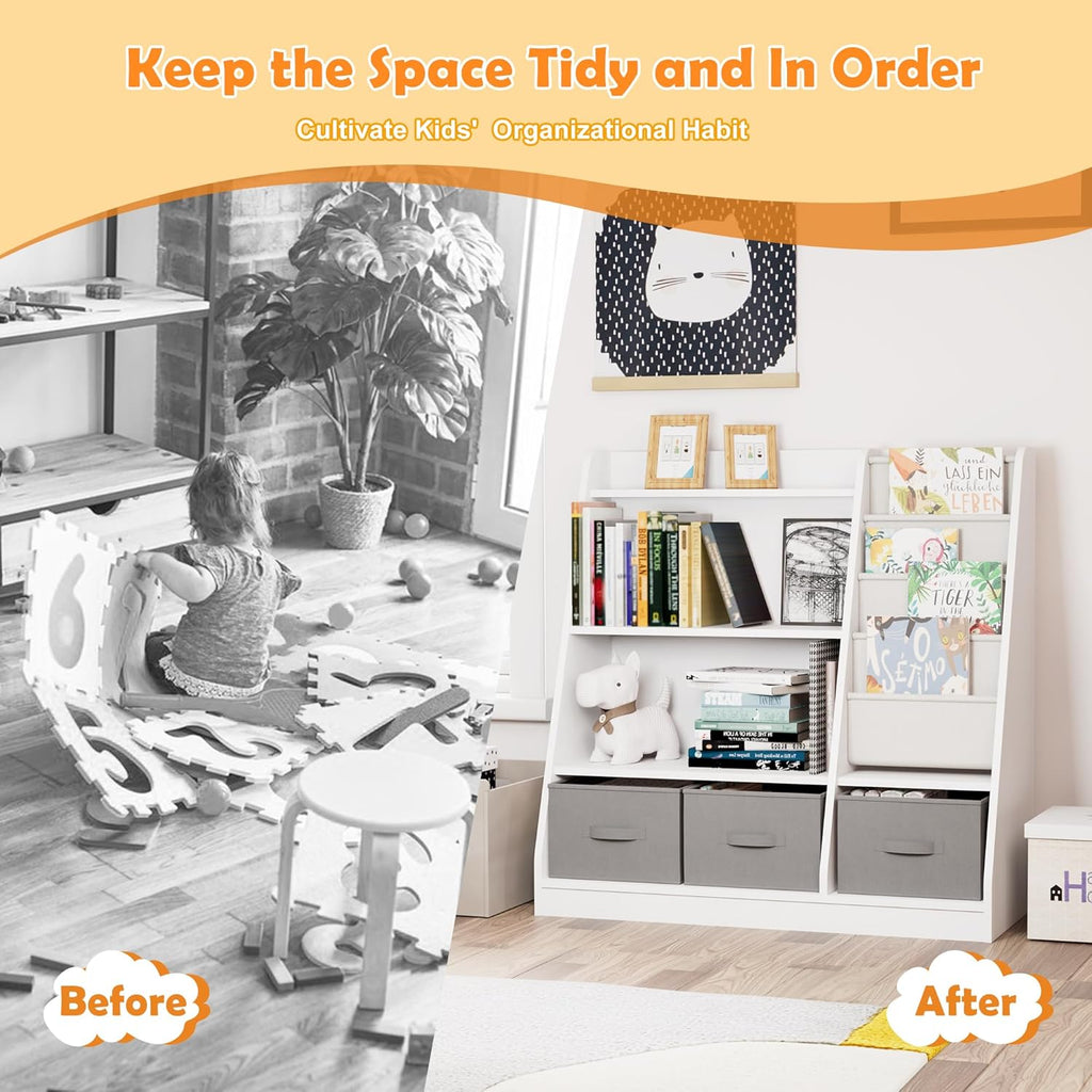 White Kids Bookshelf Wood Montessori Toy Storage Organizer Cabinet Shelf Child Bookcase Toddler Baby Sling Book Rack 3 Cube Bin Fabric Drawers for Playroom Bedroom Nursery School