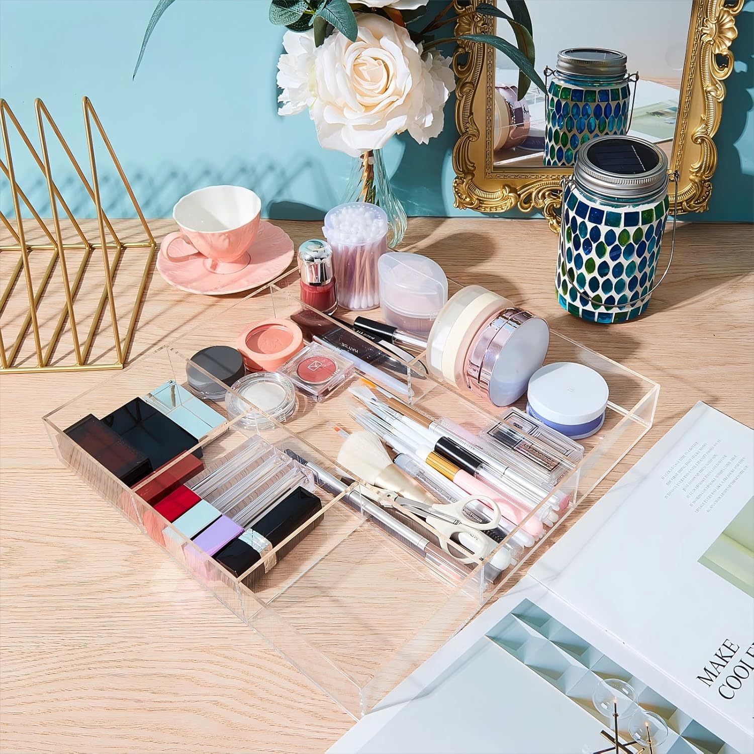 Chunful Clear Drawer Organizer 2 Pieces 6 Section Clear Desk Organizer with Dividers 3 Section Acrylic Makeup Tray Divided Drawer Inserts Sectioned Tray Makeup Storage