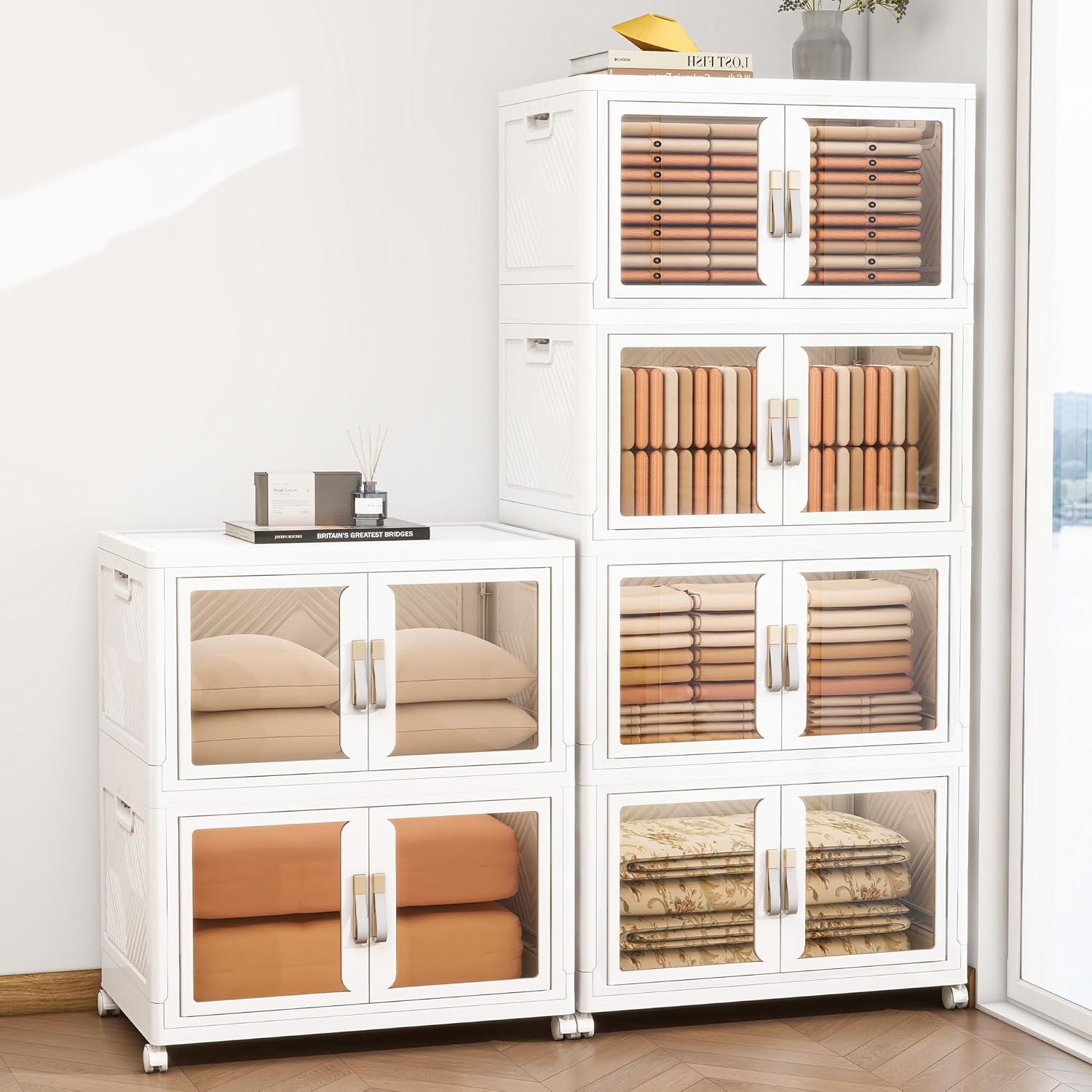 Large Clear Stackable Storage Bins with 2 Lids, Foldable Storage Cabinet for Closet Organizers and Storage, Plastic Storage Box with Wheels 942 QT