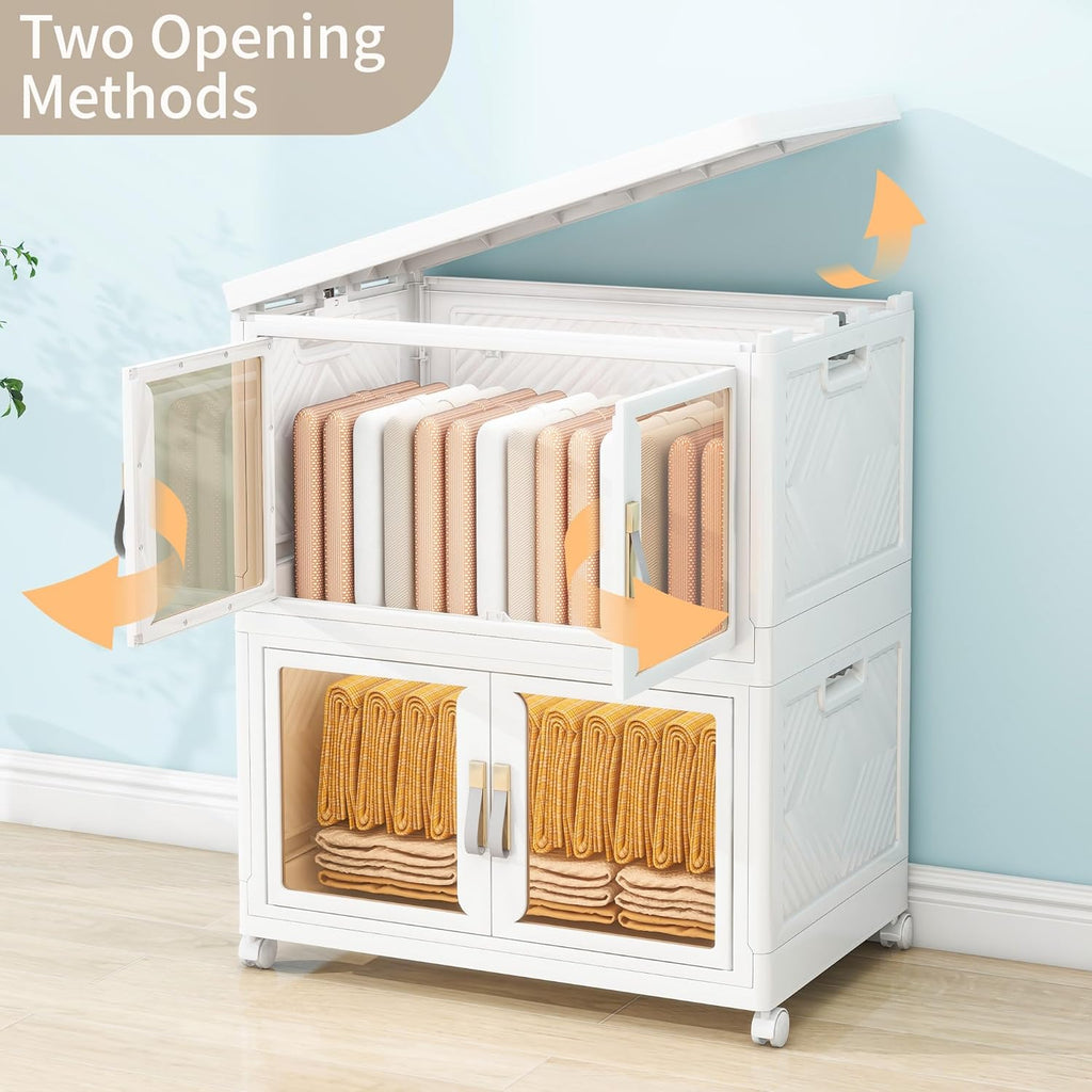 Large Clear Stackable Storage Bins with Lids, Foldable Storage Cabinet for Closet Organizers and Storage, Plastic Storage Box with Wheels 398 QT