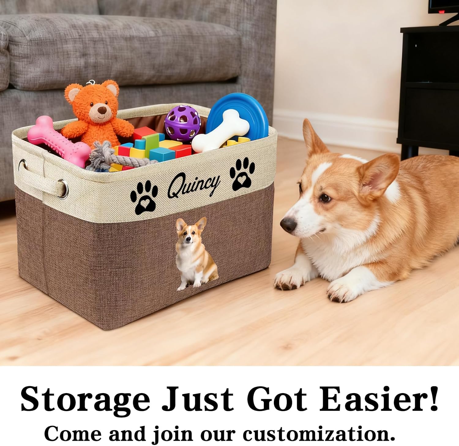 Personalized Dog Toy Storage Basket Custom Dog Name Photo Cat Pet's Gift Baskets Collapsible Organizer Box Foldable Storage Basket with Handle for Toys, Coats, Clothing, Blankets, Grey