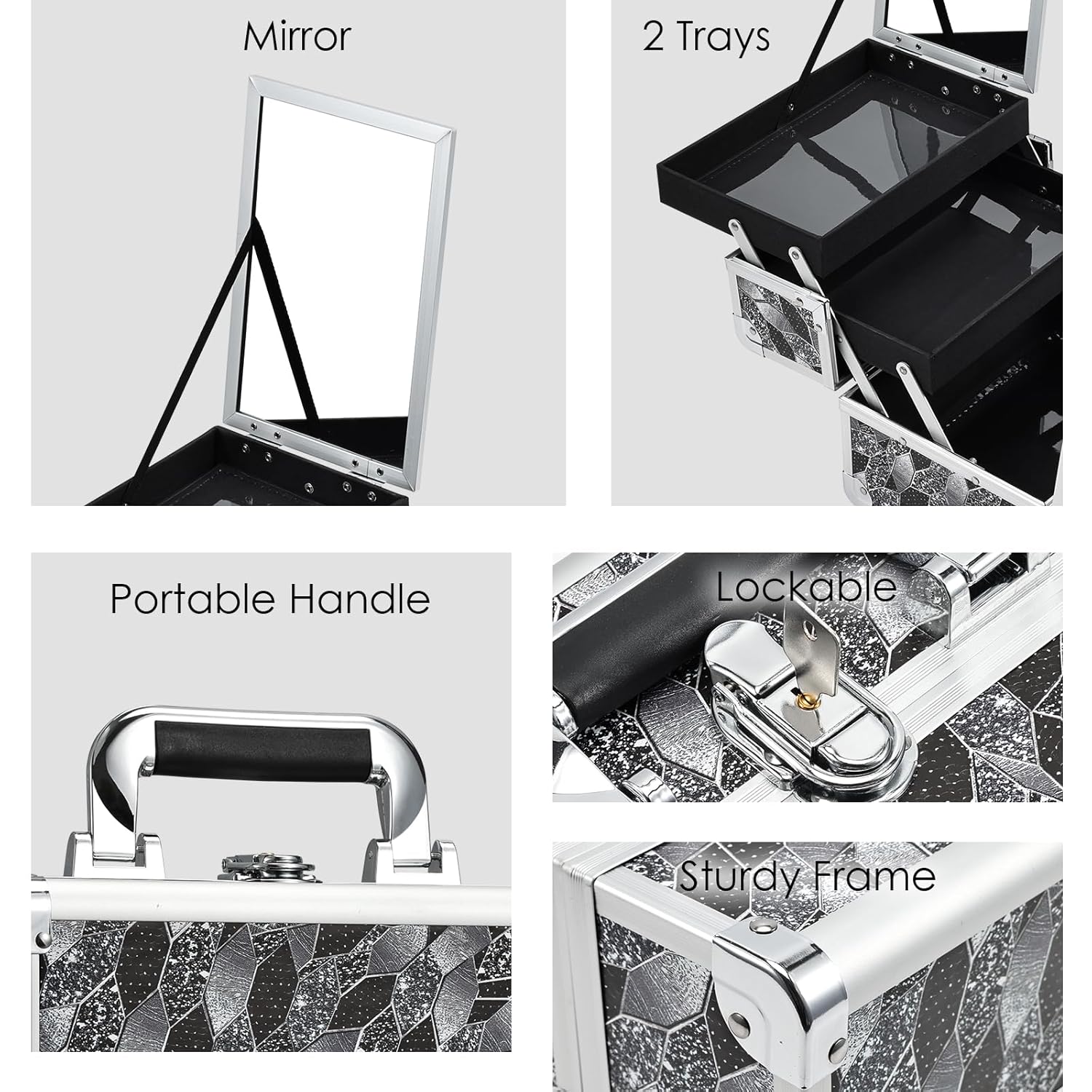 Joligrace Makeup Case Organizer Makeup Box Portable Cosmetic Train Case Hard Vanity Storage with 2 Trays Mirror Locking Make Up Travel Case for Cosmetics Nail Kits Travelling Organizer Modern Style