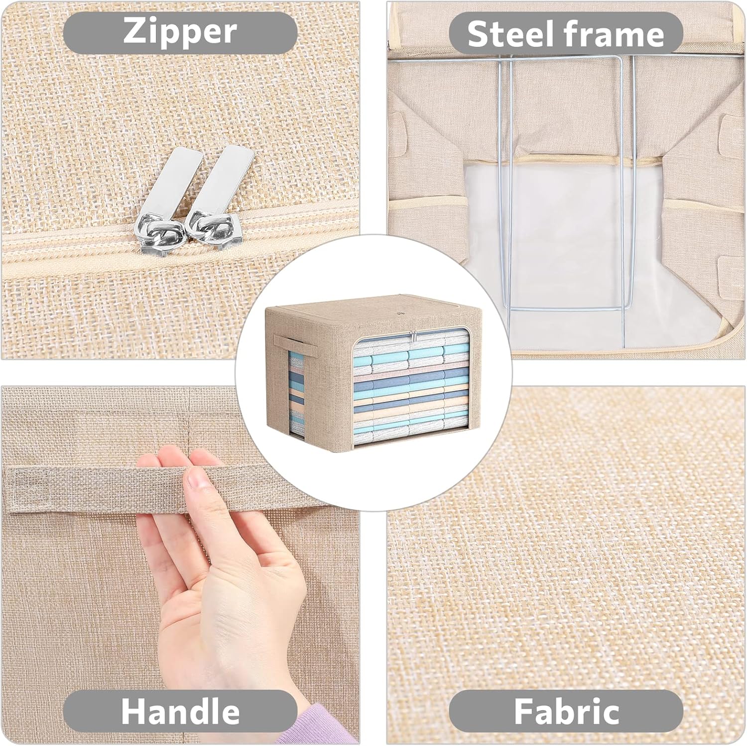 FHSQX 2 Pack Clear Window Storage Bins Foldable Fabric Storage Bins Boxes for Clothes Stackable Box Organizer Set with Carrying Handles (Beige, 22L,15.7x 11.8x 7.8 Inch)