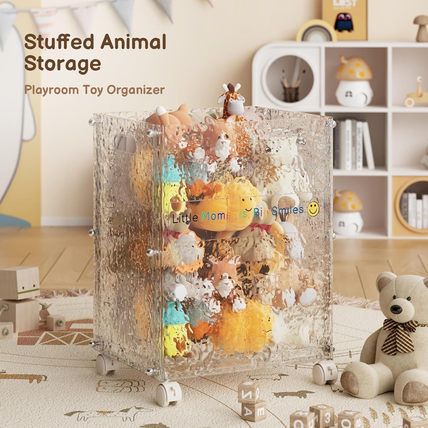 Stuffed Animal Storage with Wheels, Rolling Toy Storage Bin, Slim Tall Kid-Safe, Impact-Resistant Organizer for Playroom/Nursery/Bedroom, 360° Wheels, Fits Yoga Mats & Sports Gear (Glacier)