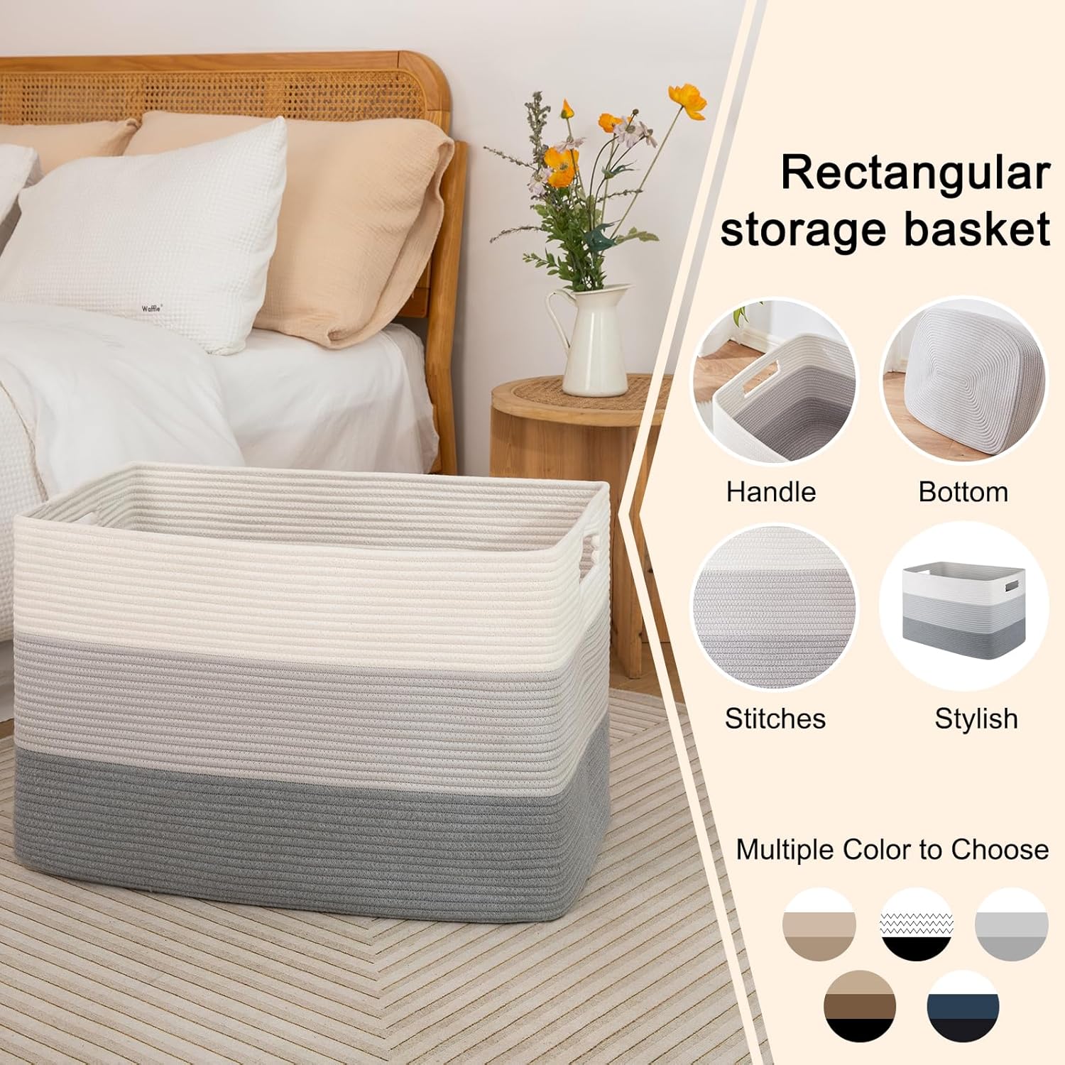 OIAHOMY 108L Large Cotton Rope Basket, Rectangle Woven Baskets for Storage, Nursery Blanket Storage Living Room, Toy Basket With Handle-25”x16”x16”-Gradient Grey