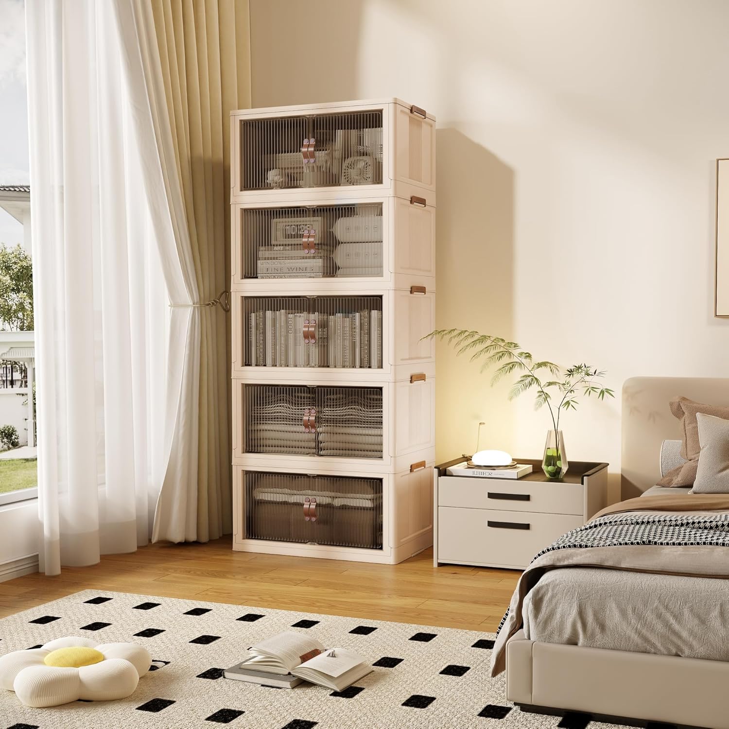 SAILUN 145Gal/580Qt Stackable Storage Bins Folding Collapsible Storage Bins with Lid, Closet Organizers and Storage Box with Door Beige 26" W x 17" D x 71" H