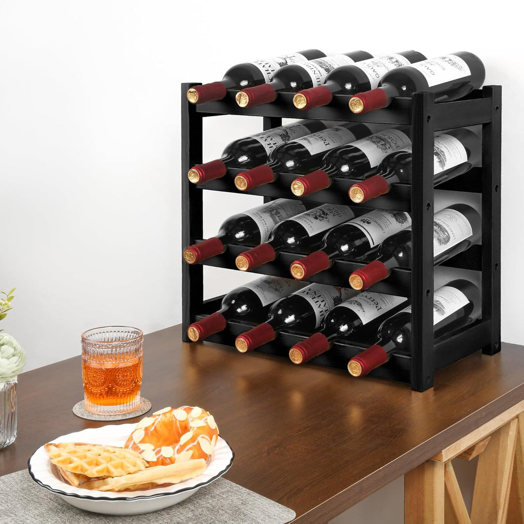 VASMIA Wine Rack, 4-Tier Bamboo Wine Racks Countertop,Sturdy and Durable Wine Storage Cabinet Shelf,16 Bottles Wine Holder for Kitchen Pantry, Black
