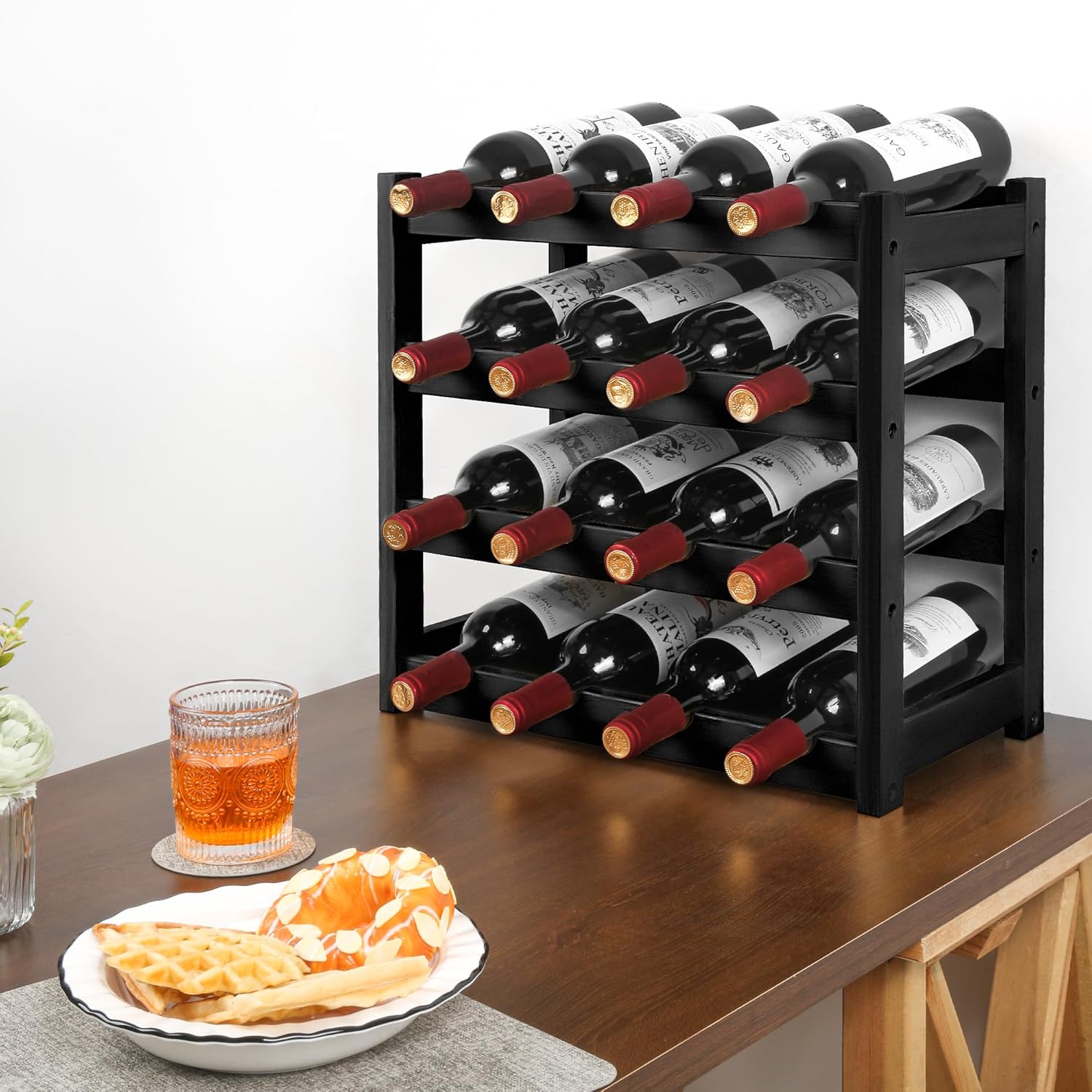 VASMIA Wine Rack, 4-Tier Bamboo Wine Racks Countertop,Sturdy and Durable Wine Storage Cabinet Shelf,16 Bottles Wine Holder for Kitchen Pantry, Black