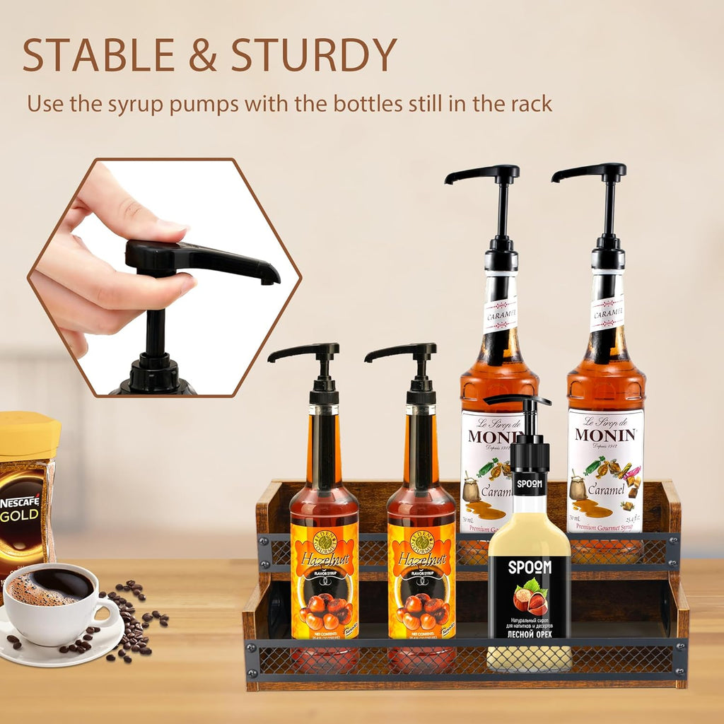 Liquor Bottle Display Shelf, Coffee Syrup Rack Organizer, 2 Step Countertop Liquor Wine Rack, 10 Bottles Coffee Station Organizer with Fences & Handles, Home Retro Bar Shelf Stand for Liquor Whiskey