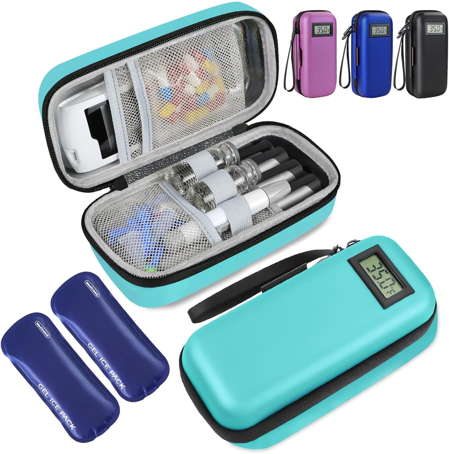 Insulin Cooler Travel Case, Portable Temperature Display Medicine Travel Cooler, Diabetes Case with 2 Reusable Ice Packs TSA Approved for Diabetic Supplies Patent Pending(Seafoam)