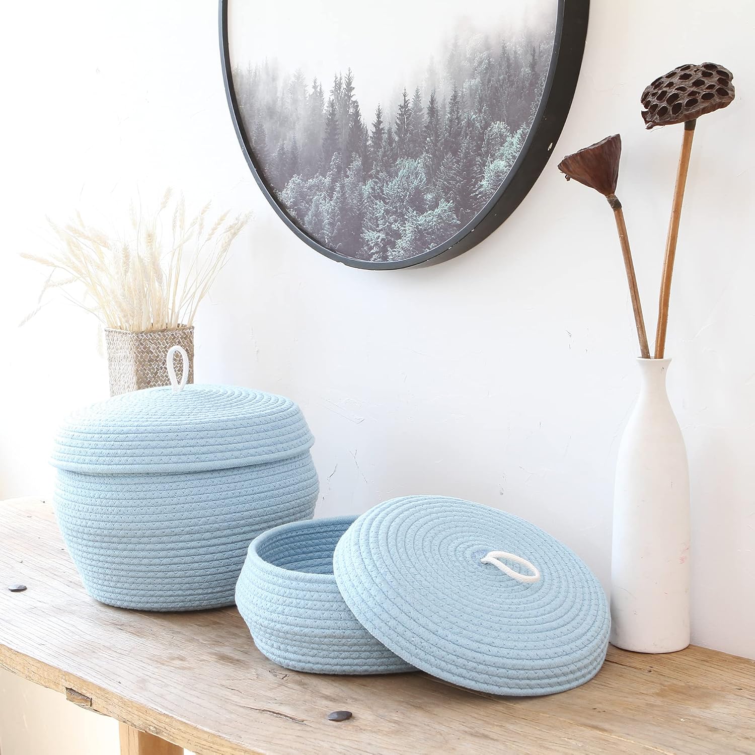 Sea Team Round Cotton Rope Storage Basket with Lid, Decorative Woven Storage Bin, Pot, Caddy, Organizer, Container for Snacks, Towels, Plants, 13 x 9 Inches (Large, Blue)