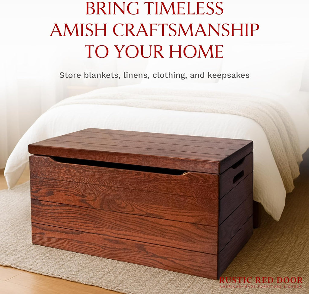Amish Made Wooden Storage Chest Trunk Box with Lid and Handles for Bedroolanket, Clothes, Anti-Slam Hinges, Handmade, Rustic, Oak Wood, Michaels Stain, 30"