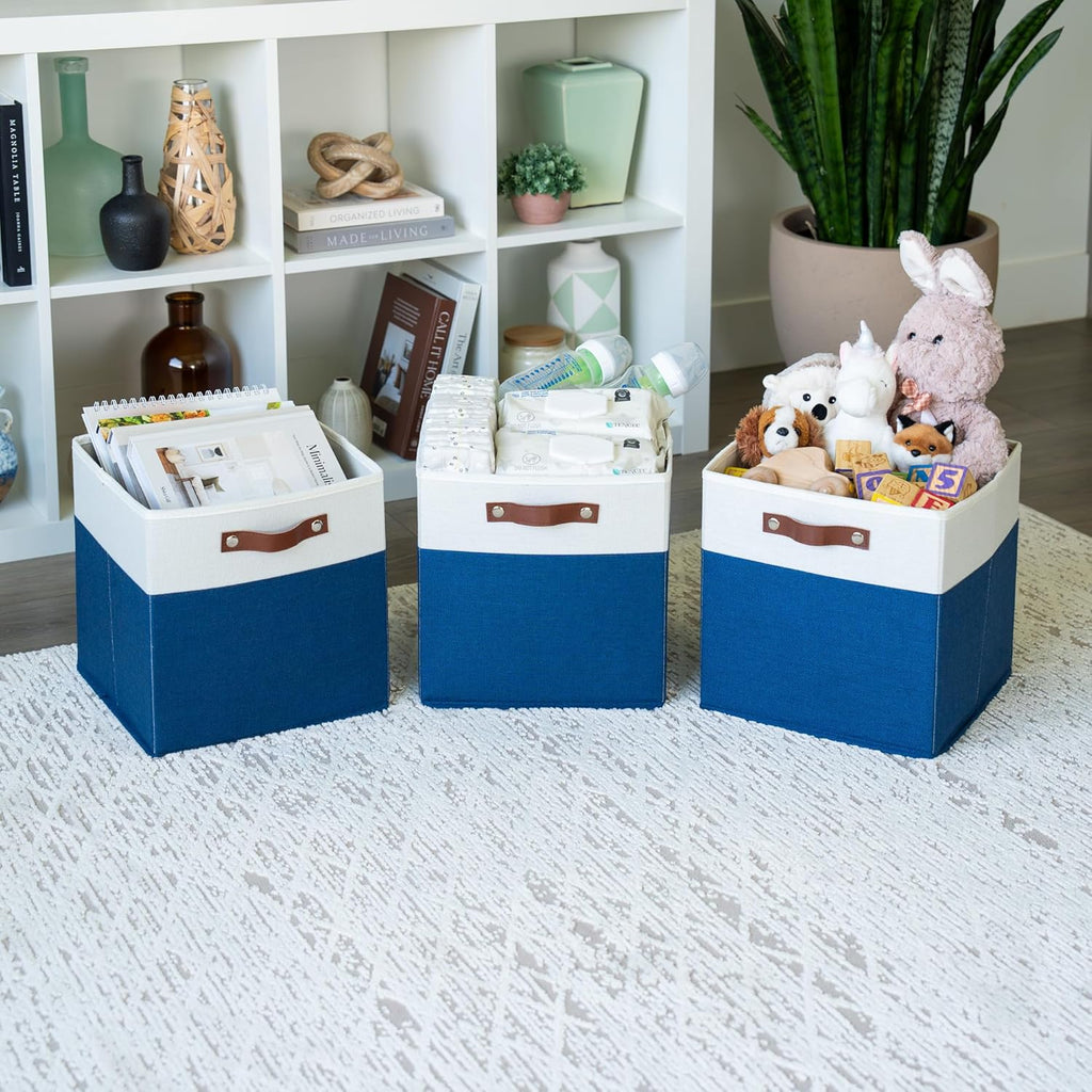 OrganiHaus 12" x 12" x 12" Fabric Cube Storage Bins - Set of 4, Cube Fabric Organizer Bins with Vegan Handles, Kallax Storage Cubes, 12 Inch Cubic Baskets for Shelves - Navy Blue