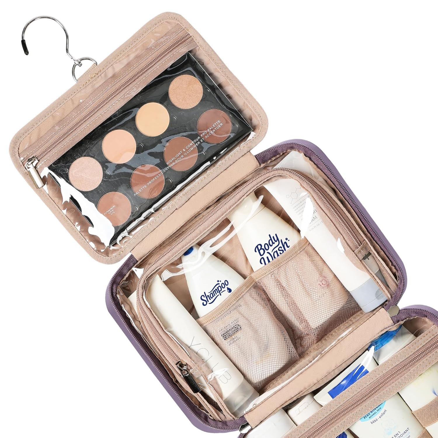 NISHEL Travel Toiletry Bag for Women, Makeup Essentials Organizer, Hanging Case for Accessories, Cosmetics, Medium Size, Purple