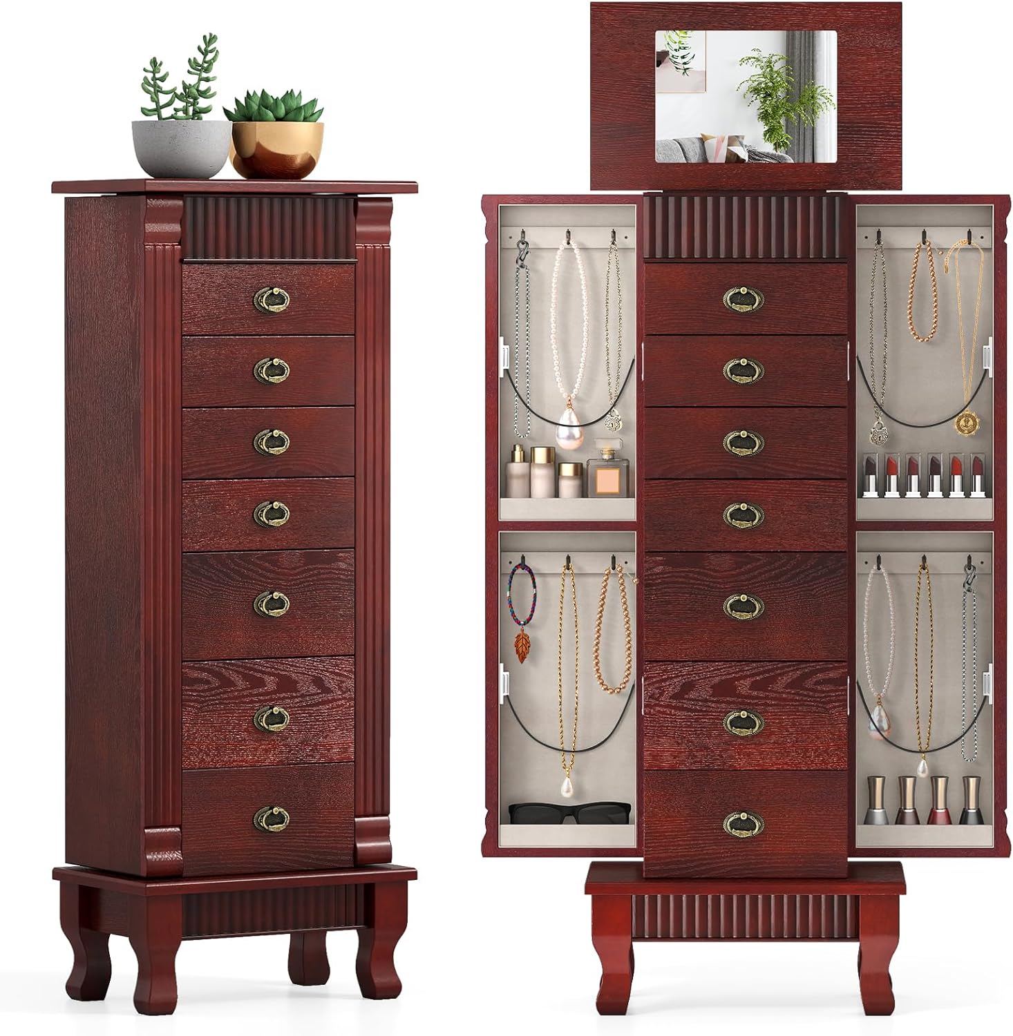 Giantex Standing Jewelry Cabinet with 7 Drawers, Flip-Top Mirror, 2 Side Doors with 12 Necklace Hooks, Divided Ring Compartments, Velvet-Lined Jewelry Armoire Organizer Chest (Cherry)