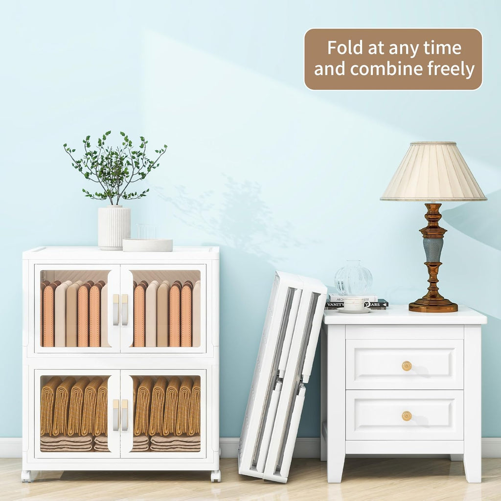 Large Clear Stackable Storage Bins with Lids, Foldable Storage Cabinet for Closet Organizers and Storage, Plastic Storage Box with Wheels 199 QT