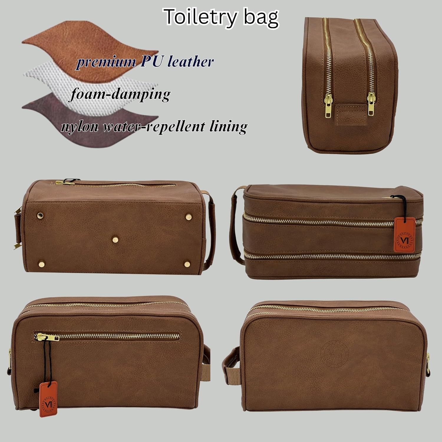 Dopp Gift Large Travel Toiletry Bag Premium Quality PU Leather Two compartments YKK Zippers Water-resistant Bottom Studs Mesh Pockets Durable Cosmetic Organizer BROWN