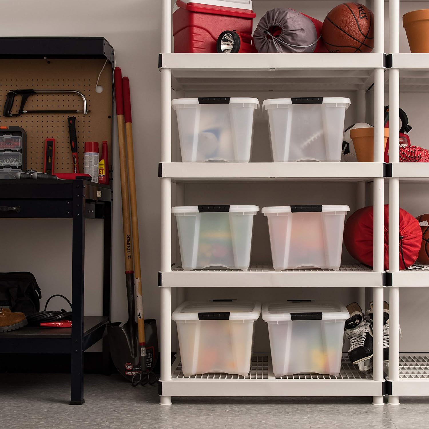 IRIS USA 32 Qt Stackable Plastic Storage Bins with Lids, 6 Pack - BPA-Free, Made in USA - Discreet Organizing Solution, Latches, Durable Nestable Containers, Secure Pull Handle - Pearl