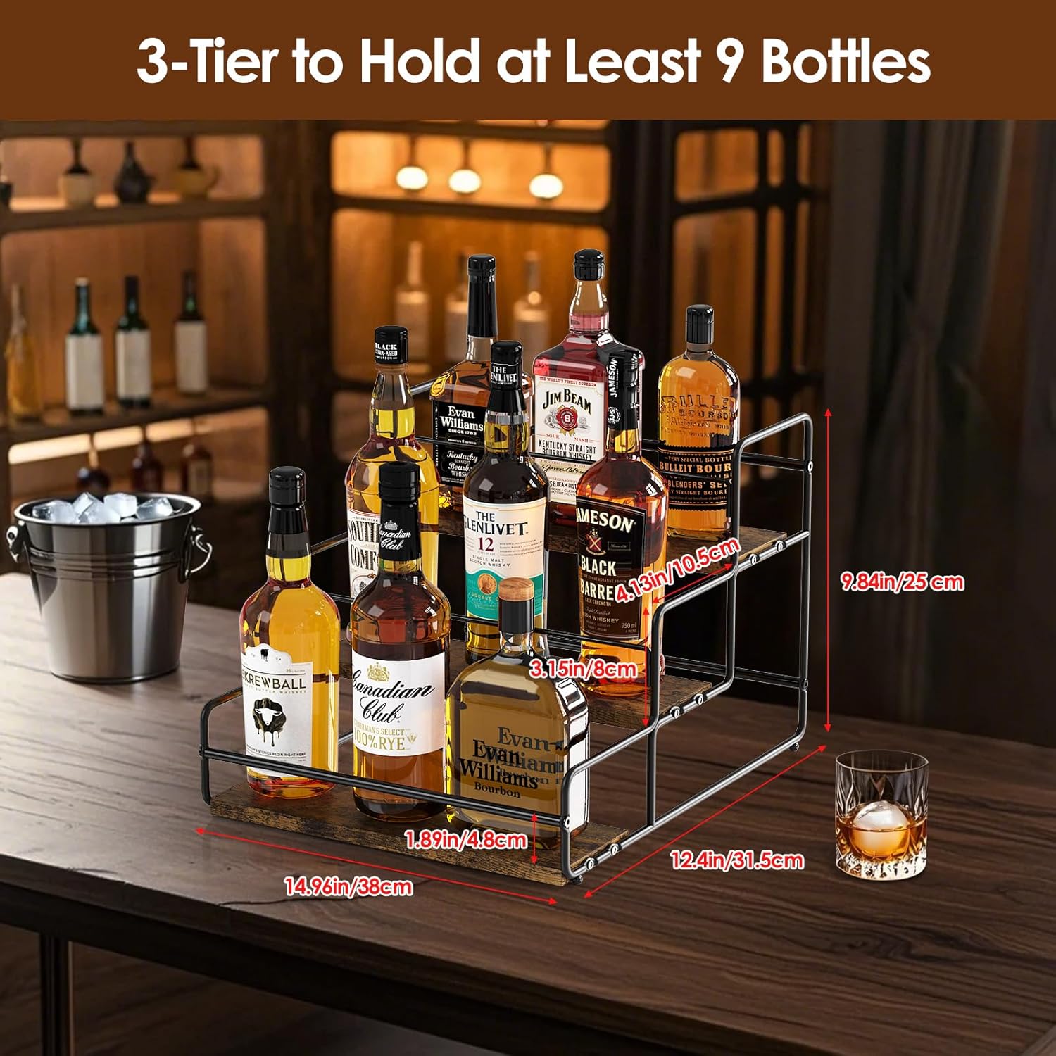 Nuovoware Liquor Bottle Display Shelf, 3-Tier Liquor Shelf, Carbon Steel Bar Cabinet with Wooden Base and Retainer Bar for Whiskey Syrup Wine, Wine Rack for Countertop Kitchen Coffee Bar, Black