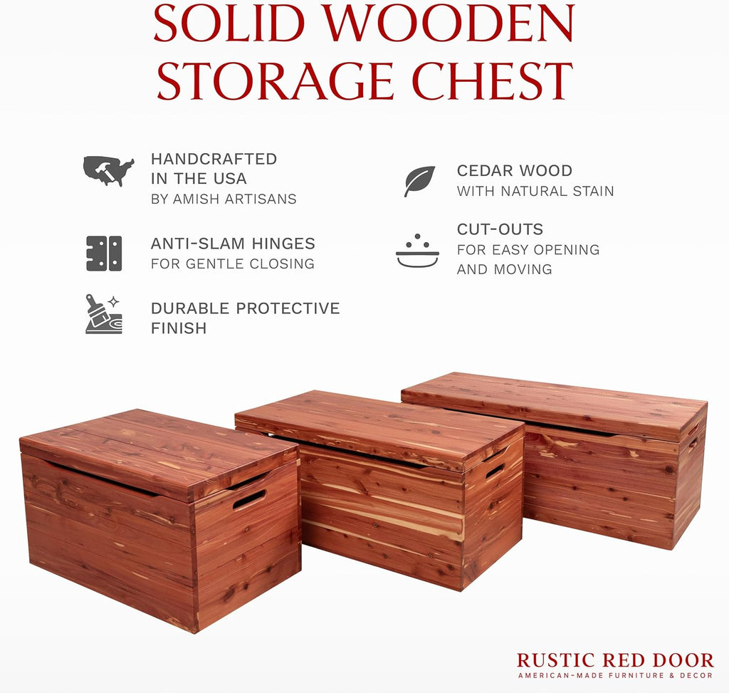 Amish Made Wooden Storage Chest Trunk Box with Lid and Handles for Bedroolanket, Clothes, Anti-Slam Hinges, Handmade, Rustic, Cedar Wood, Natural Stain, 30"