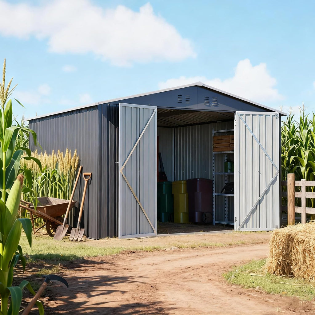 10 x 10 FT Outdoor Shed, Metal Storage Garden Shed with Lockable Door, Large Space Tool Shed for Backyard, Patio, Lawn