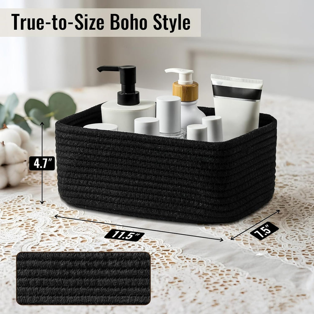 8 Pack Small Storage Baskets for Organizing, Woven Rope Bins for Bathroom, Closet, Shelf Organizer, Cute Cube Decorative Box for Towels, Baby Nursery, Toys, Gift Empty Baskets - 11.5"x7.5"x4.7"-Black