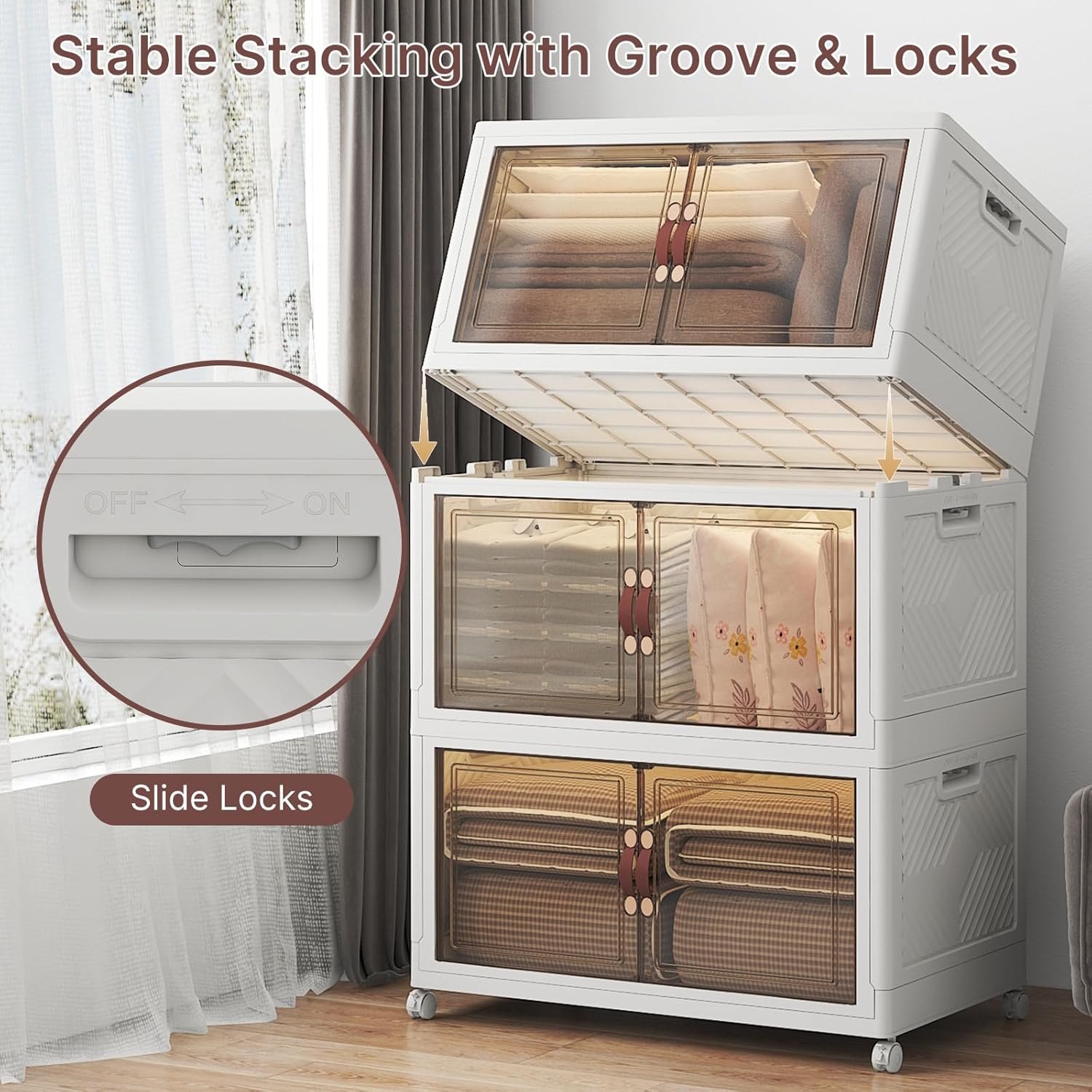 960Qt Stackable Storage Bins with Lids, 6 Pack Large Collapsible Bins with Wheels, Plastic Cabinet with Doors, Foldable Closet Organizers and Storage for Home, Dorm, Office, White