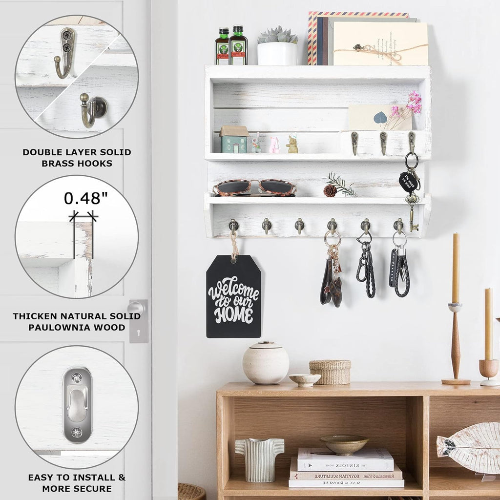 Innovation Key and Mail Holder for Wall, Key Holder Wall Mount, Mail Organizer with 9 Hooks, Ivory