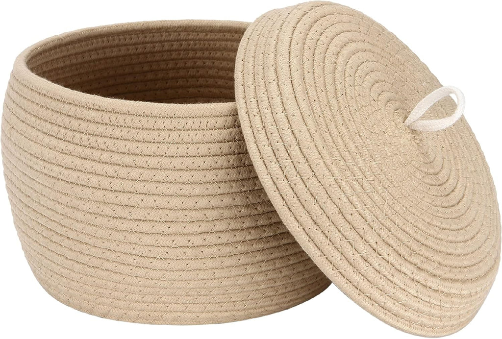 Sea Team Round Cotton Rope Storage Basket with Lid, Decorative Woven Storage Bin, Pot, Caddy, Organizer, Container for Snacks, Towels, Plants, 10 x 7.5 Inches (Small Size, Khaki)