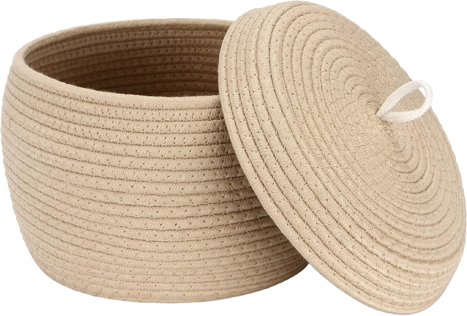 Sea Team Round Cotton Rope Storage Basket with Lid, Decorative Woven Storage Bin, Pot, Caddy, Organizer, Container for Snacks, Towels, Plants, 10 x 7.5 Inches (Small Size, Khaki)