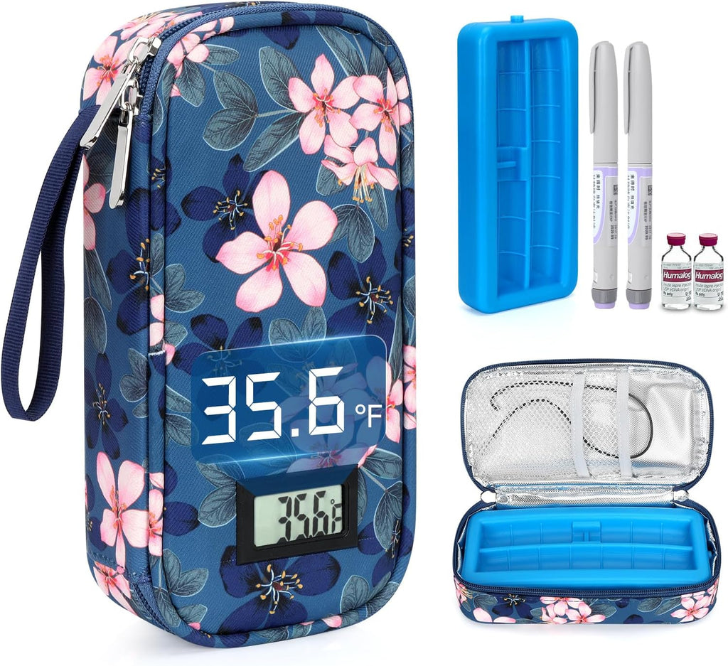 Insulin Cooler Travel Case with °F Display - TSA Approved Refrigerated Medicine Travel Bag with Protective Ice Brick, Long-Lasting Cooling for Vials and Pens (Magnolia)