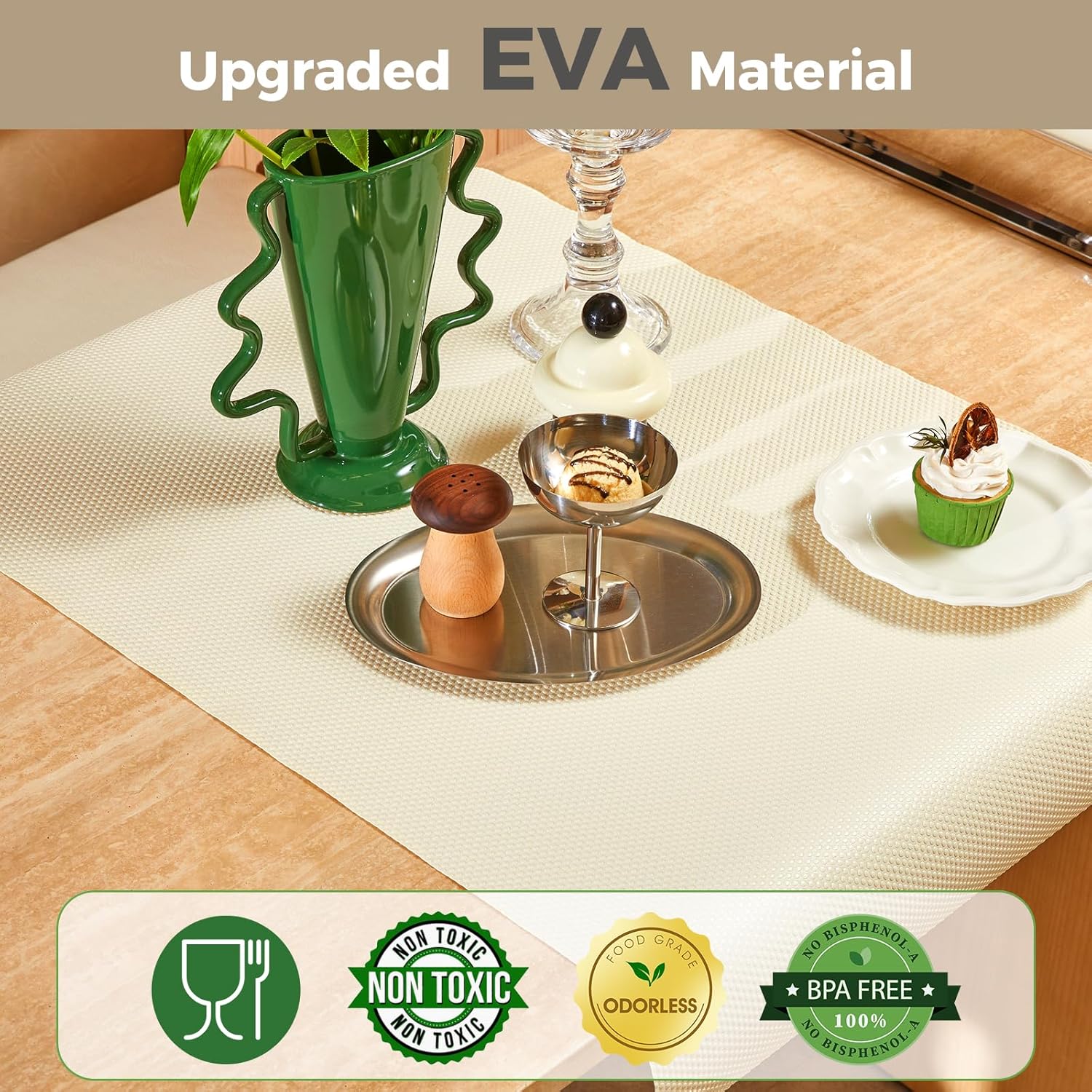 100% EVA Shelf Liner for Kitchen Cabinet, 24" x 360" Drawer Liners Non Adhesive Non Slip Waterproof Plastic Paper, Dresser Pantry Bathroom Refrigerator Protector, Cream