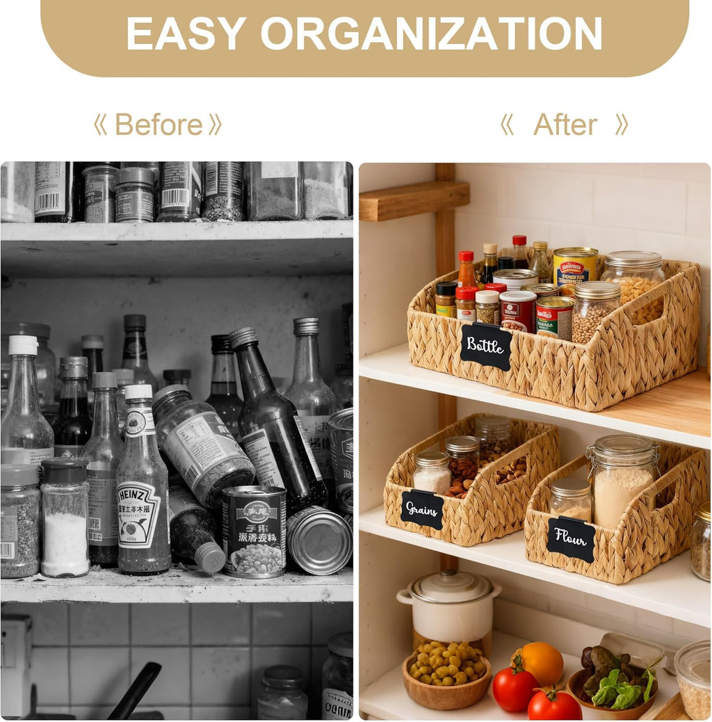 Pantry Organizers, Wicker Baskets for Organizing with Handles, Handwoven Wicker Storage Basket, Water Hyacinth Storage Bins Baskets for Shelves, Boho Decoration, 3 Pack,Natural