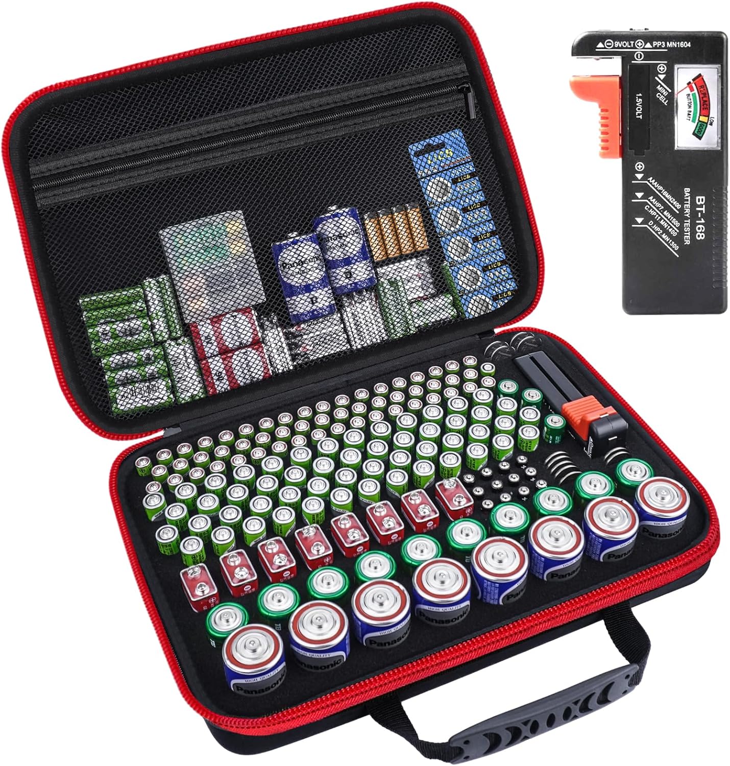 Battery Organizer Storage Case, Large Waterproof Carrying Bag Containers Box Holder Holds 210+ Batteries AA AAA C D 9V 3V - with Battery Tester BT-168, Black&Red (Case Only)