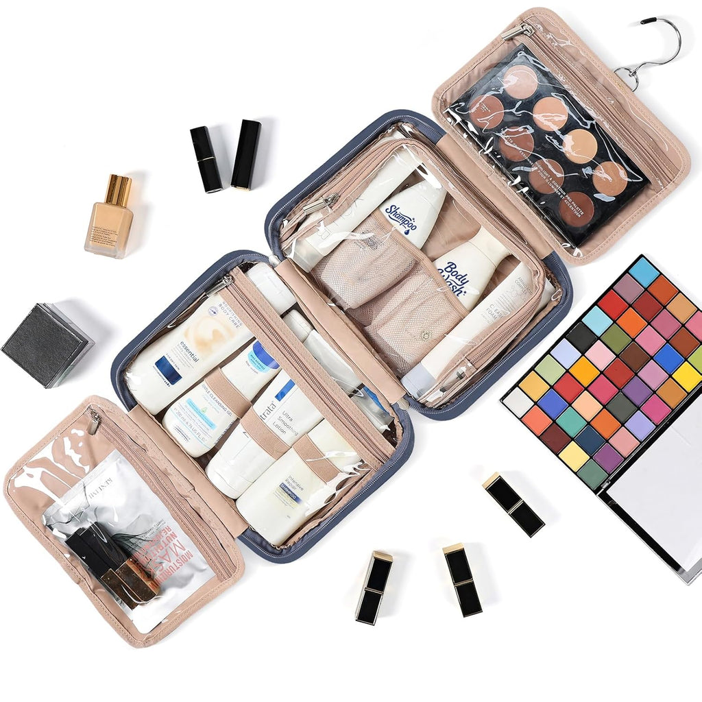 NISHEL Travel Toiletry Bag for Women, Makeup Essentials Organizer, Hanging Case for Accessories, Cosmetics, Medium Size, Aegean-Blue