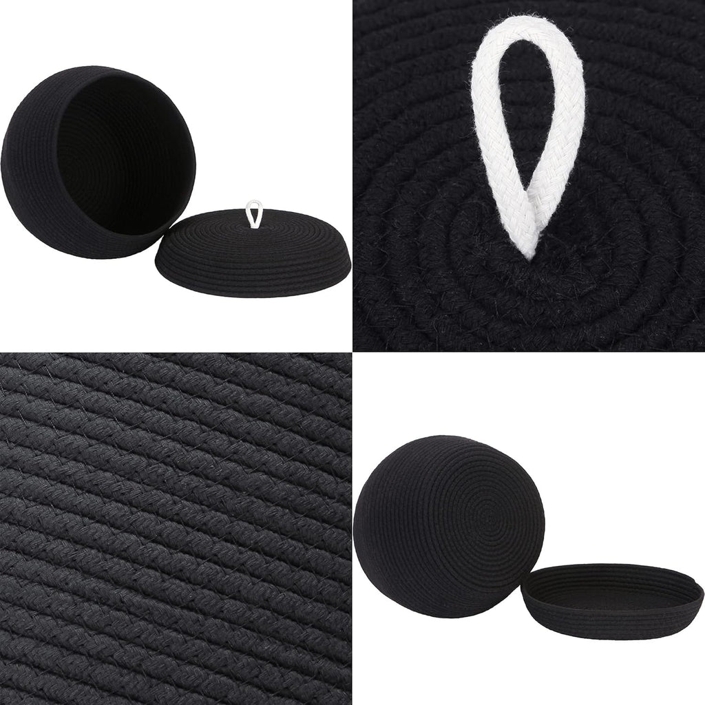 Sea Team Round Cotton Rope Storage Basket with Lid, Decorative Woven Storage Bin, Pot, Caddy, Organizer, Container for Snacks, Towels, Plants, 13 x 9 Inches (Large, Black)