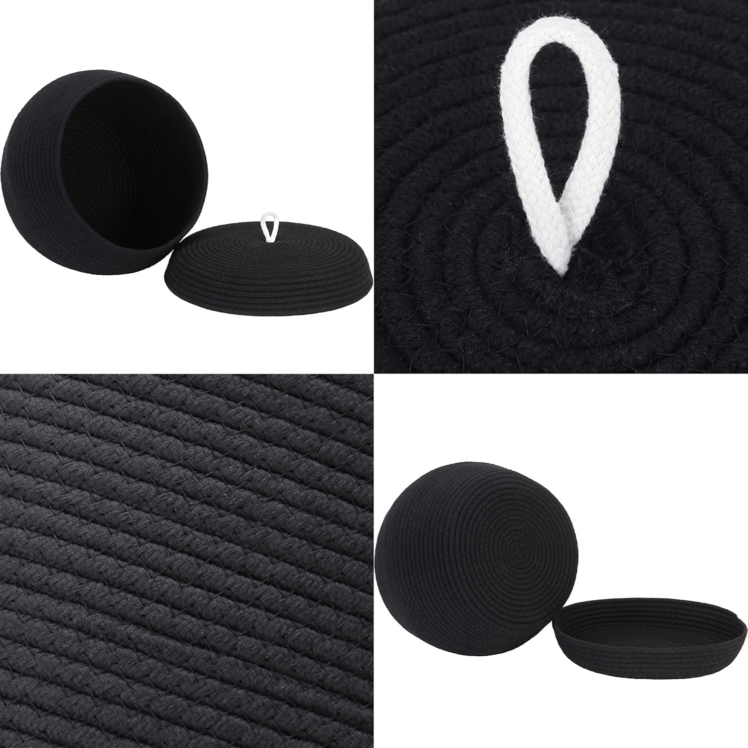 Sea Team Round Cotton Rope Storage Basket with Lid, Decorative Woven Storage Bin, Pot, Caddy, Organizer, Container for Snacks, Towels, Plants, 13 x 9 Inches (Large, Black)