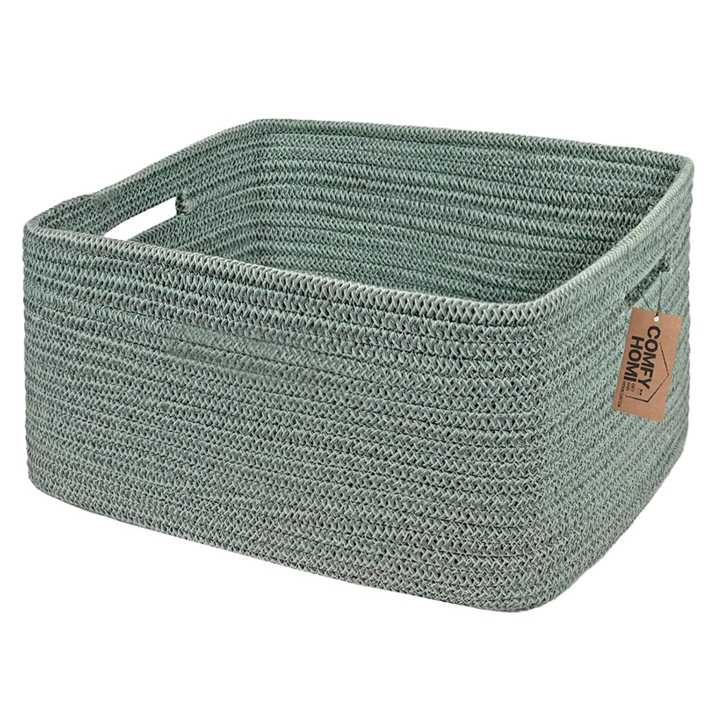 COMFY-HOMI Cotton Rope Woven Basket with Handles for Shelves,Toys,Book, Cloth Storage Baskets for Organizing-17" x 13" x 7.5" Toy Decorative Organizer for Living Room, Bathroom （Green）