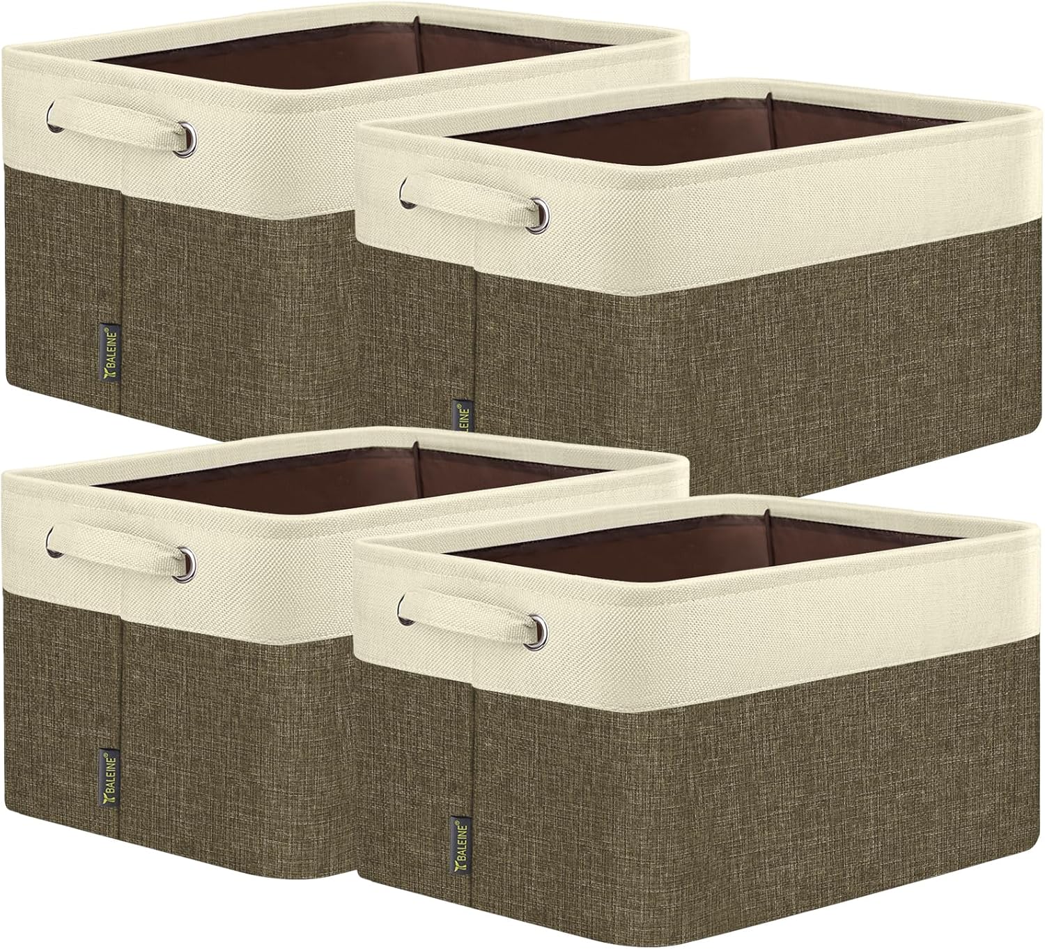 BALEINE 4 Pack Fabric Storage Bins for Shelves, Linen Storage Baskets for Organizing, Decorative Closet Bins for Clothes, Home (Brown, 14''x10''x8.5'')