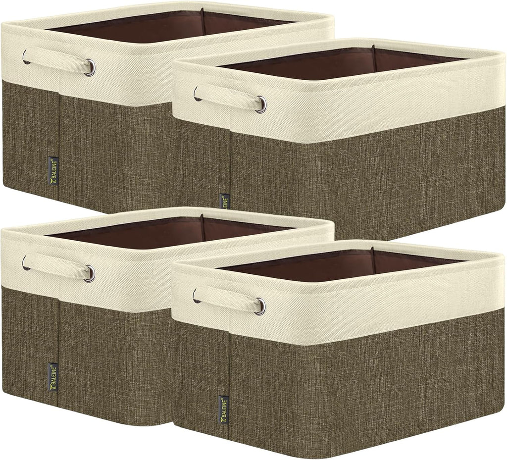 BALEINE 4 Pack Fabric Storage Bins for Shelves, Linen Storage Baskets for Organizing, Decorative Closet Bins for Clothes, Home (Brown, 17''x13''x10.5'')