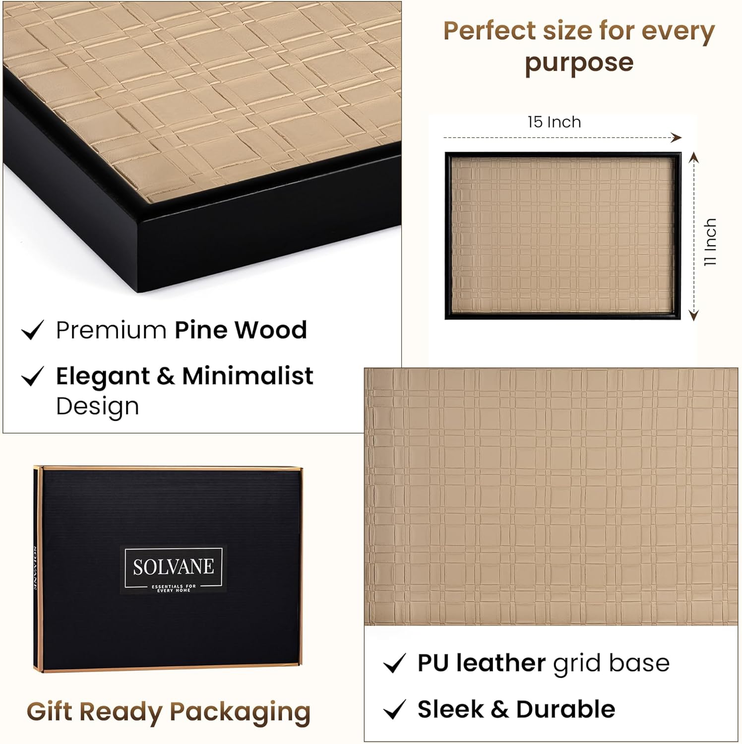 Solvane Wooden Serving Tray in Black – 15x11in Rectangular Ottoman & Coffee Table Tray, Decorative Wood Tray with PU Leather Base for Living Room, Kitchen, Bathroom & Vanity