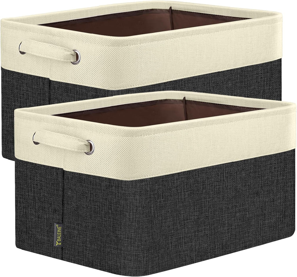 BALEINE 2 Pack Fabric Storage Bins for Shelves, Linen Storage Baskets for Organizing, Decorative Closet Bins for Clothes, Home (Black, 17''x13''x10.5'')