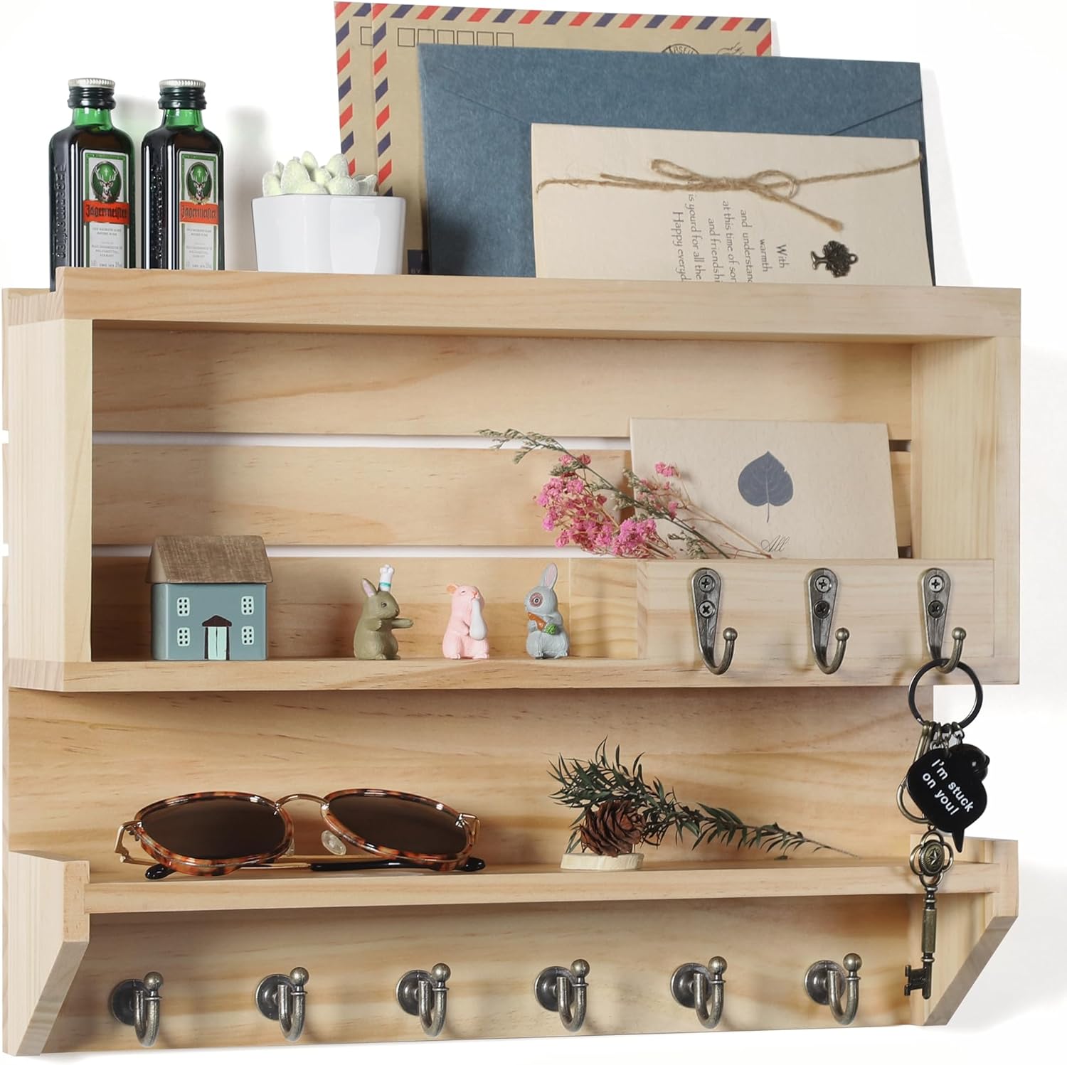 Innovation Key and Mail Holder for Wall, Key Holder Wall Mount, Mail Organizer with 9 Hooks, Natural Color