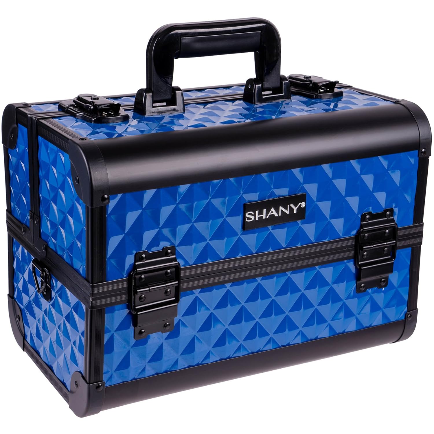 SHANY Premier Fantasy Professional Makeup Train Case Cosmetic Box Portable Makeup Case Organizer Jewelry storage with Locks, 3 Trays,Makeup Brush Holder and Cosmetics Mirror - Divine Blue