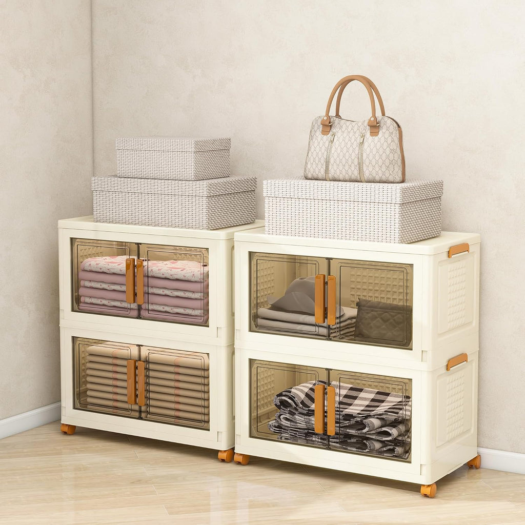 Plastic Stackable Storage Bins with Lids and Wheels, Foldable Closet Organizers and Storage Containers, Collapsible Clear Drawer Storage Cabinet with Doors Ivory White 179.2 QT