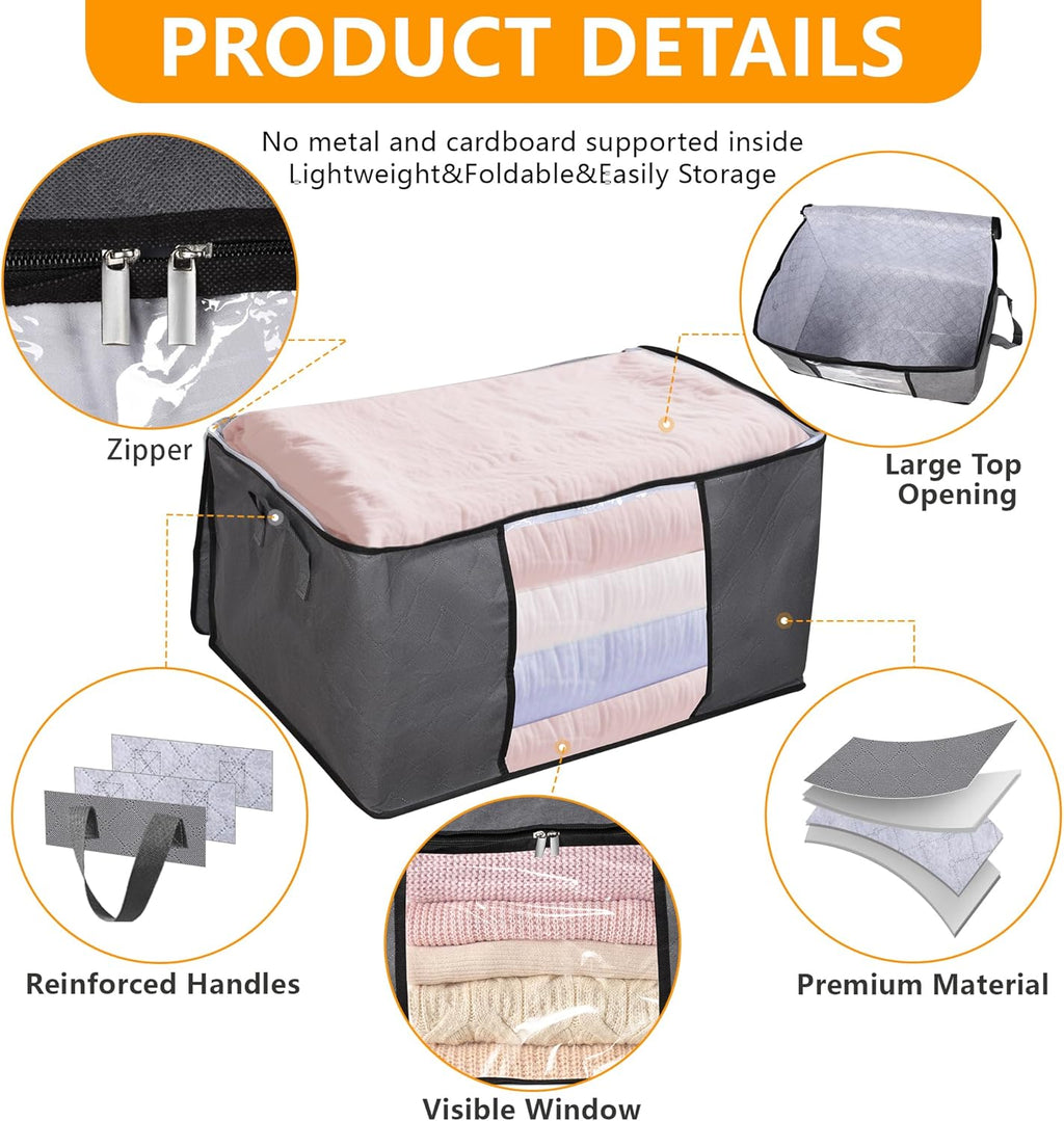 10 Pack Clothes Storage Bags, 90L Large Blanket Storage Bag Comforter Storage Bin with Reinforced Handle and Lid Foldable Closet Organizer and Storage Containers for Bedding Pillows Sheets and Duvet