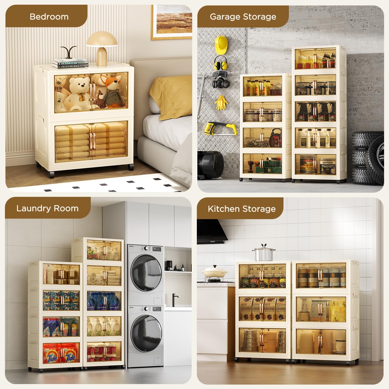 102QT Plastic 4 Tier Storage Bins with Lids,Folding Storage Box with Doors and Wheels Stackable Storage Bins,Closet Organizers and Storage for Living Room,Office,Dorm