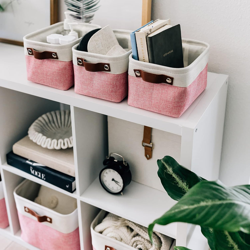 OrganiHaus Small Fabric Storage Bins for Shelves 6 Pack, 12x8in Closet Storage Bins for Shelves, Cloth Baskets for Organizing, Linen Closet Organizers, Fabric Basket, Pink/White