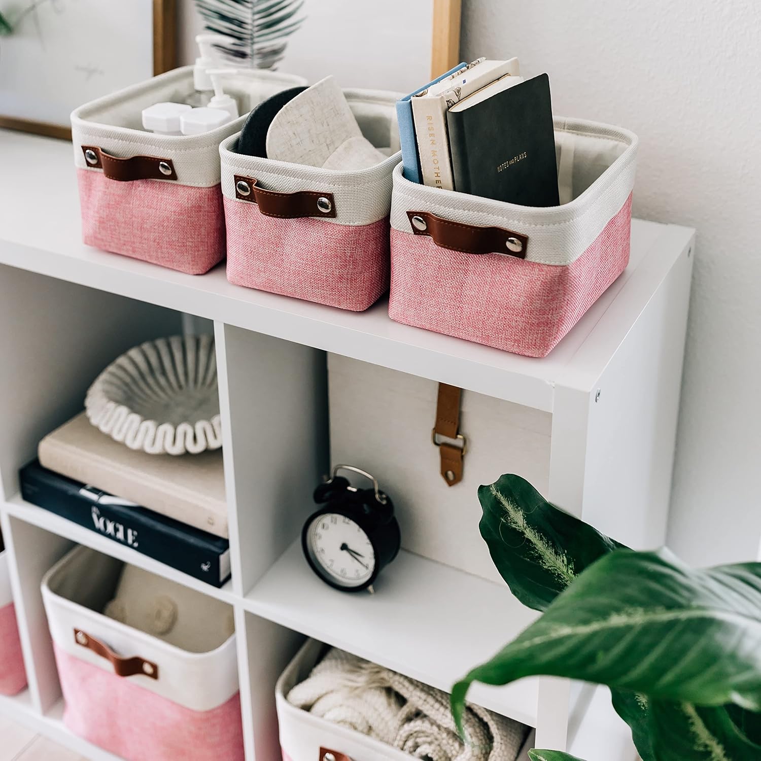 OrganiHaus Small Fabric Storage Bins for Shelves 6 Pack, 12x8in Closet Storage Bins for Shelves, Cloth Baskets for Organizing, Linen Closet Organizers, Fabric Basket, Pink/White